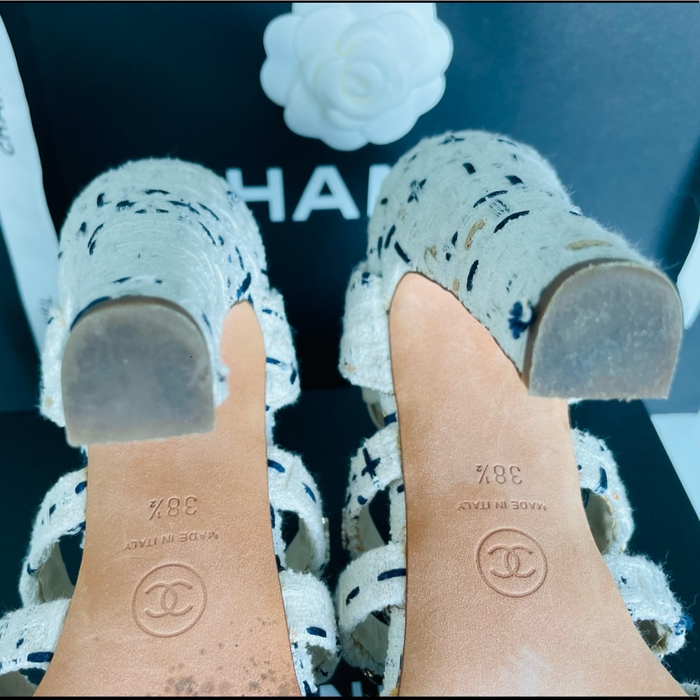 COPY - Chanel cc logos tweed gold chain strappy sandals size 38.5 - Picture 9 of 14